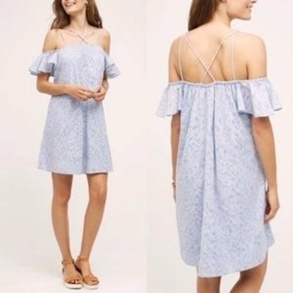 HD in Paris Light Blue Off-Shoulder Lace Mini Dress with Crisscross‎ Straps